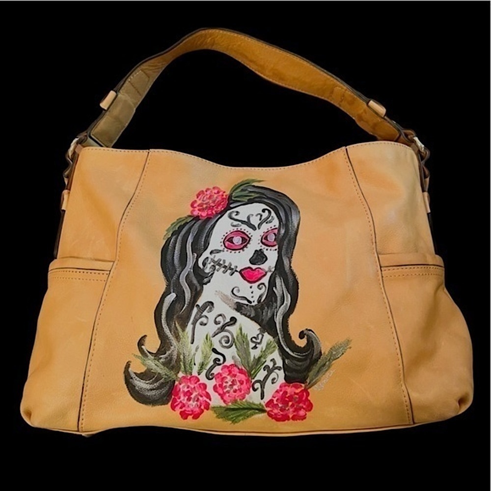 Hand Crafted Yellow Leather Tote with Pink Floral Sugar Skull Artwork